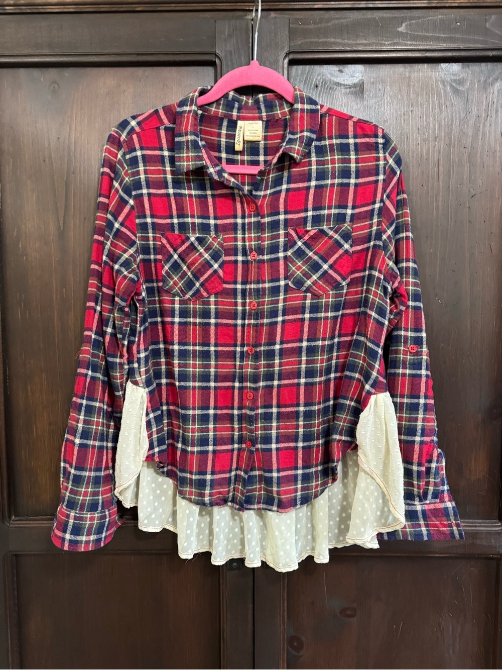 Passport Red & Navy Plaid Shirt with Polka Dot Ruffle Hem size Large Cabincore